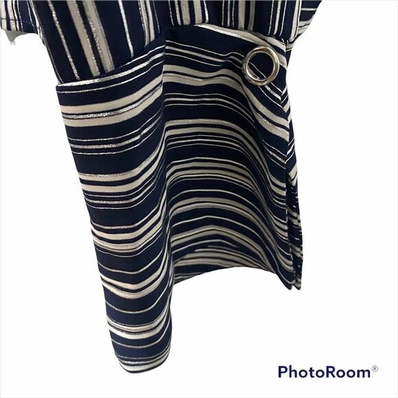 LUSH Blouse Womens Small Navy Blue Metallic Silver Striped Open Back Top - Picture 3 of 5